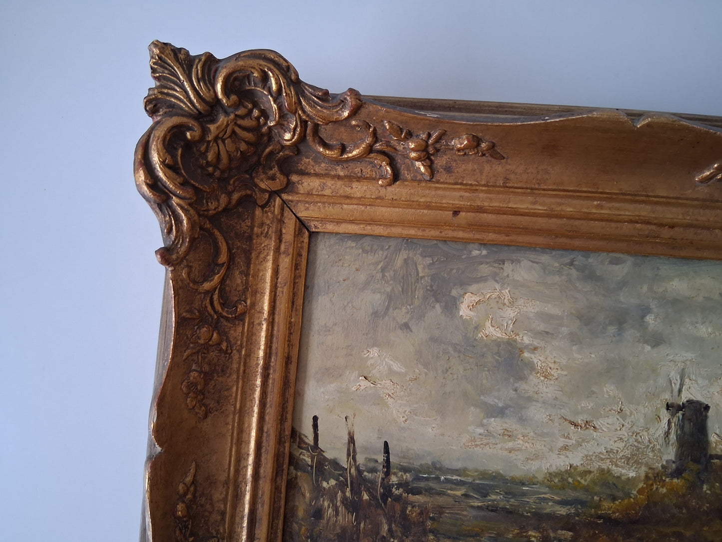 ORIGINAL Ölgemälde auf Holzplatte inkl. antikem Rahmen | Fluss / Landschaft / Windmühle | Signiert