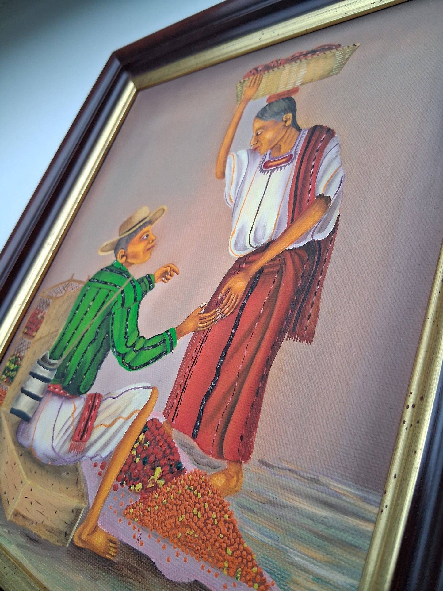 ORIGINAL Ölgemälde auf Leinwand inkl. Rahmen | Marktplatz / Mercado Atitlan | 29x34 cm | Signiert