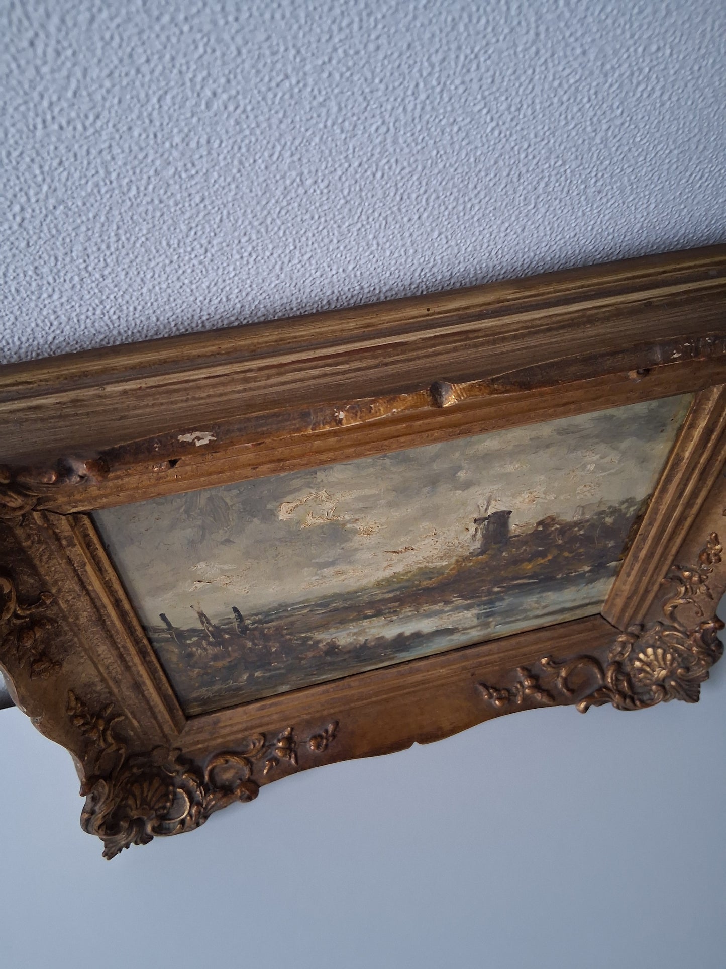 ORIGINAL Ölgemälde auf Holzplatte inkl. antikem Rahmen | Fluss / Landschaft / Windmühle | Signiert