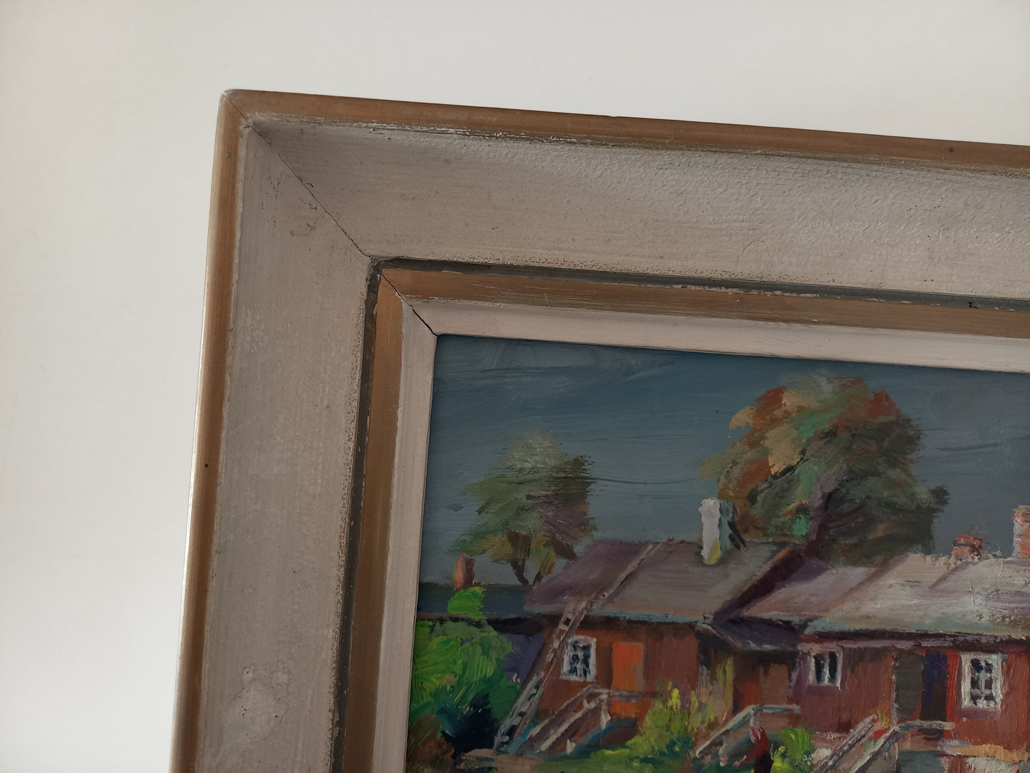 ORIGINAL Ölgemälde auf Karton inkl. Rahmen | Landschaft / Bauernhaus mit Figur | Signiert