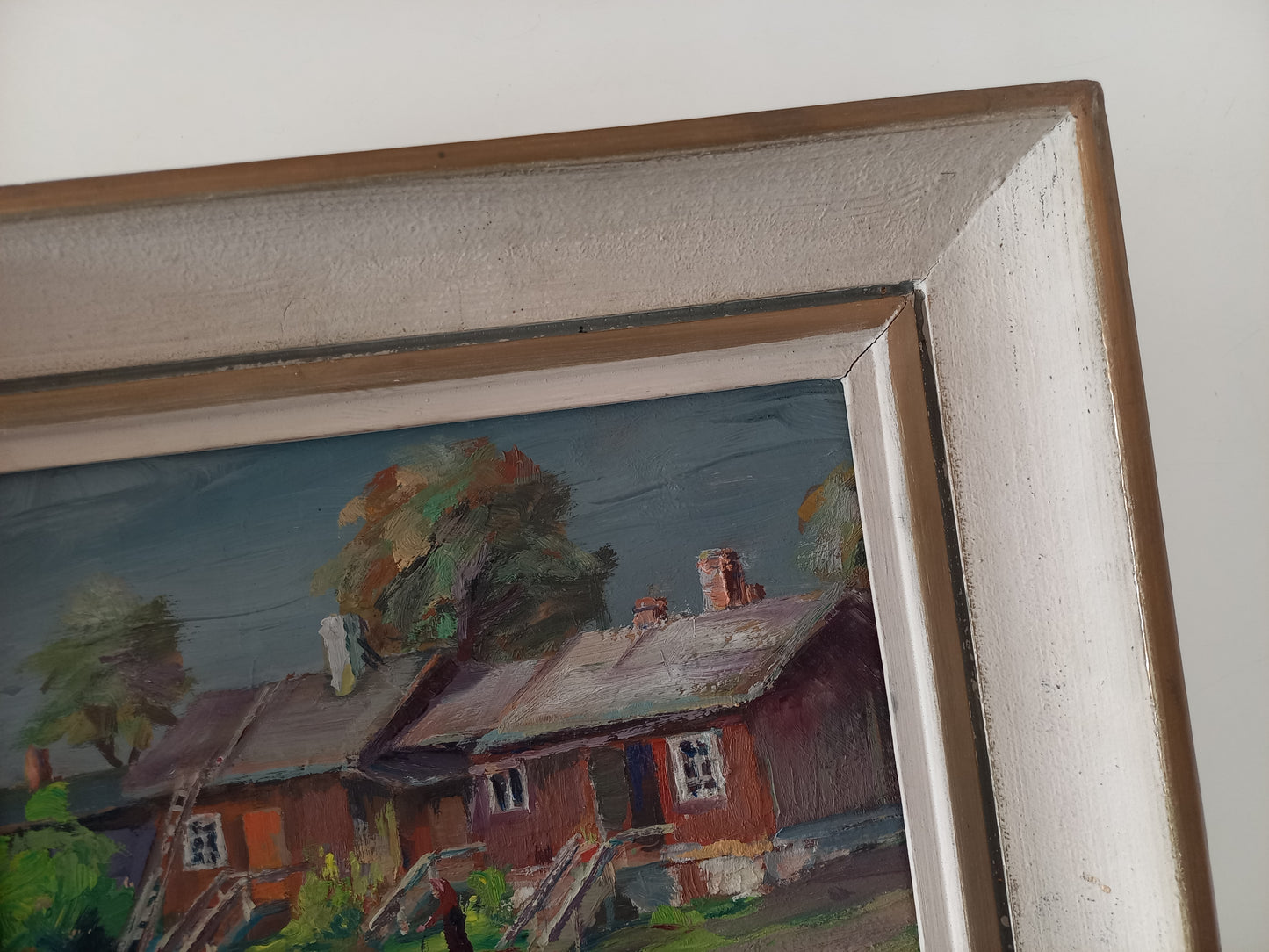 ORIGINAL Ölgemälde auf Karton inkl. Rahmen | Landschaft / Bauernhaus mit Figur | Signiert