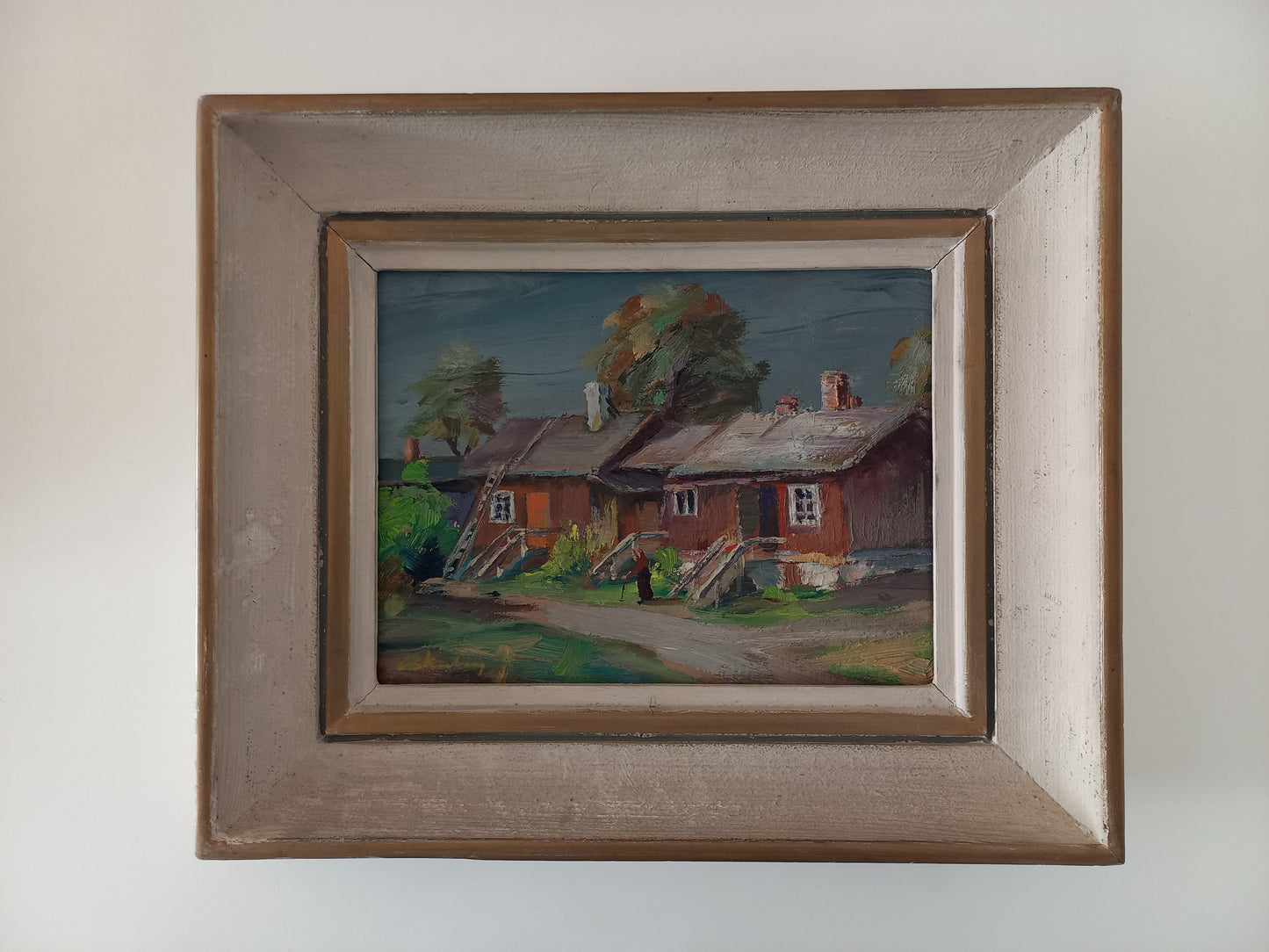 ORIGINAL Ölgemälde auf Karton inkl. Rahmen | Landschaft / Bauernhaus mit Figur | Signiert