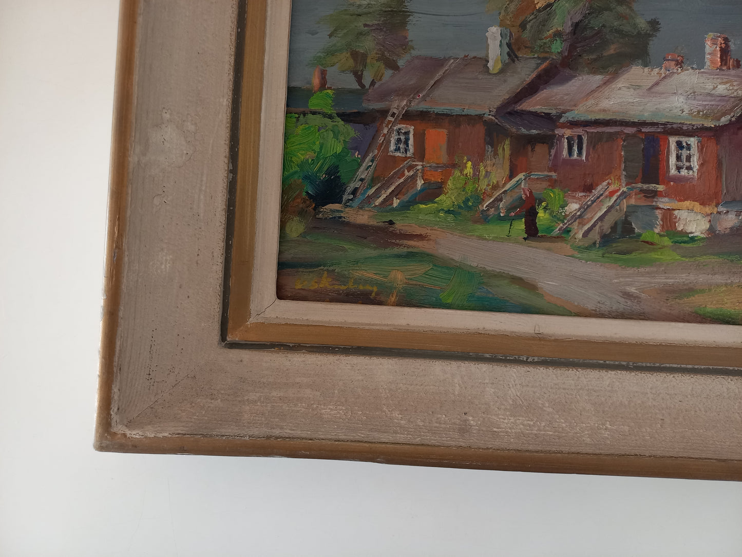 ORIGINAL Ölgemälde auf Karton inkl. Rahmen | Landschaft / Bauernhaus mit Figur | Signiert