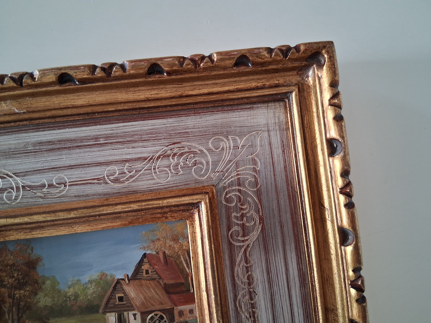 ORIGINAL Ölgemälde auf Karton inkl. Rahmen | Bauernhaus / Landschaft | 22x20 cm | Signiert