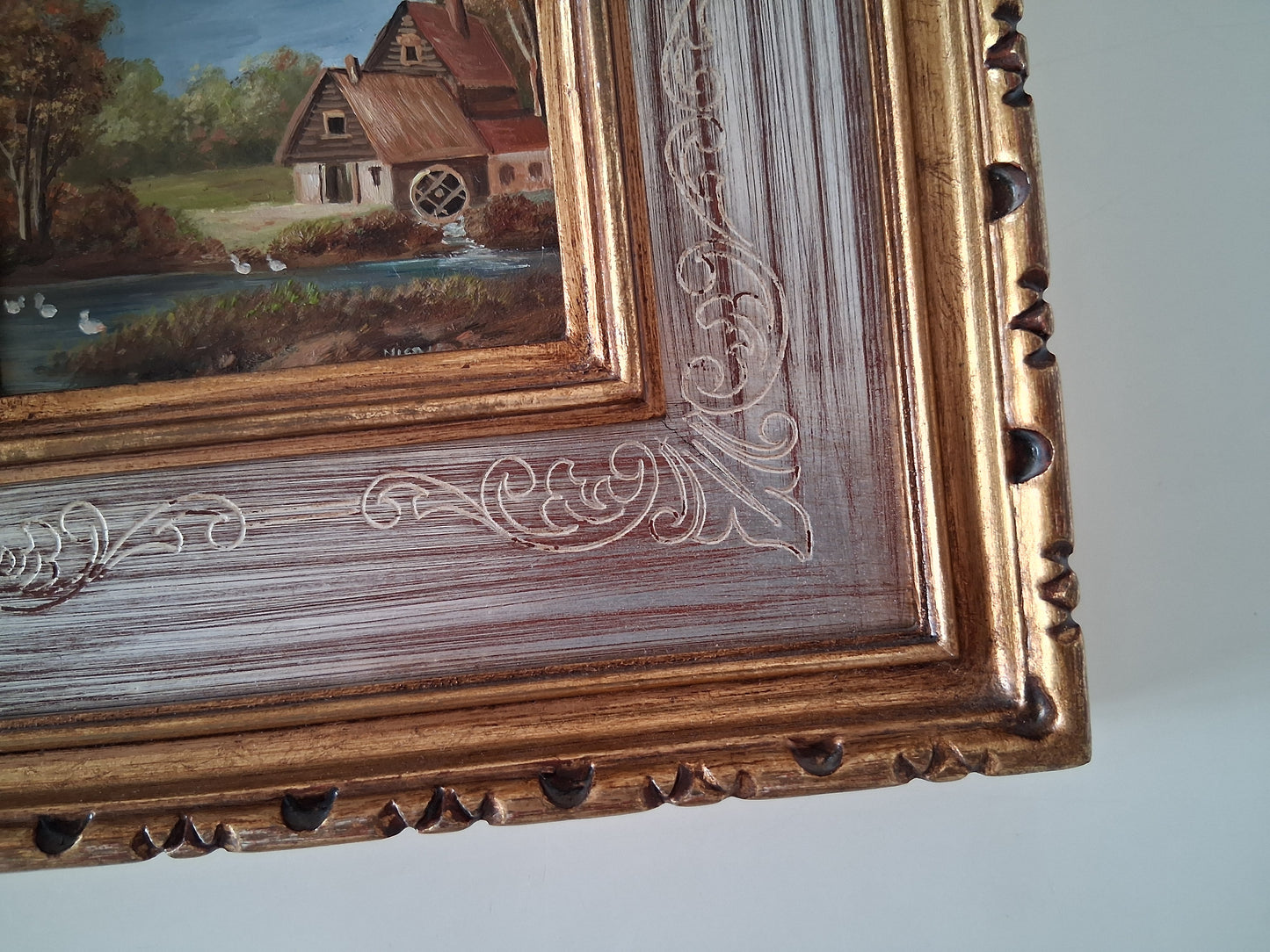 ORIGINAL Ölgemälde auf Karton inkl. Rahmen | Bauernhaus / Landschaft | 22x20 cm | Signiert