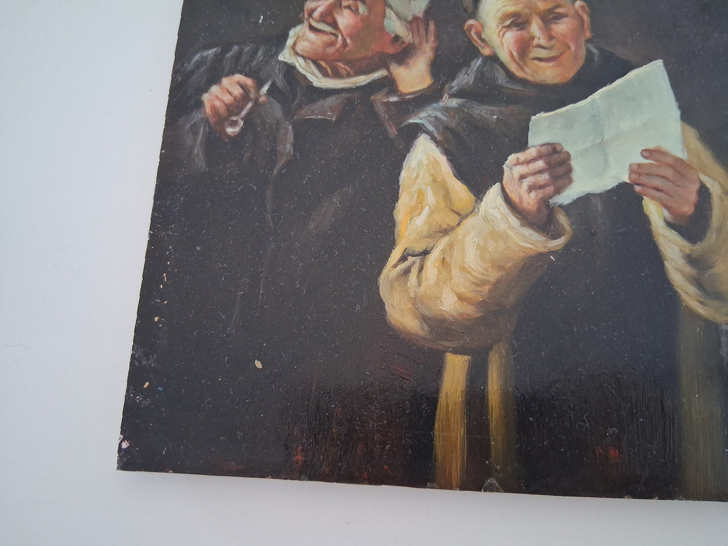 ORIGINAL Ölgemälde auf Holzplatte | Lesender Mönch / Menschen / Portrait | 25x20 cm | Signiert