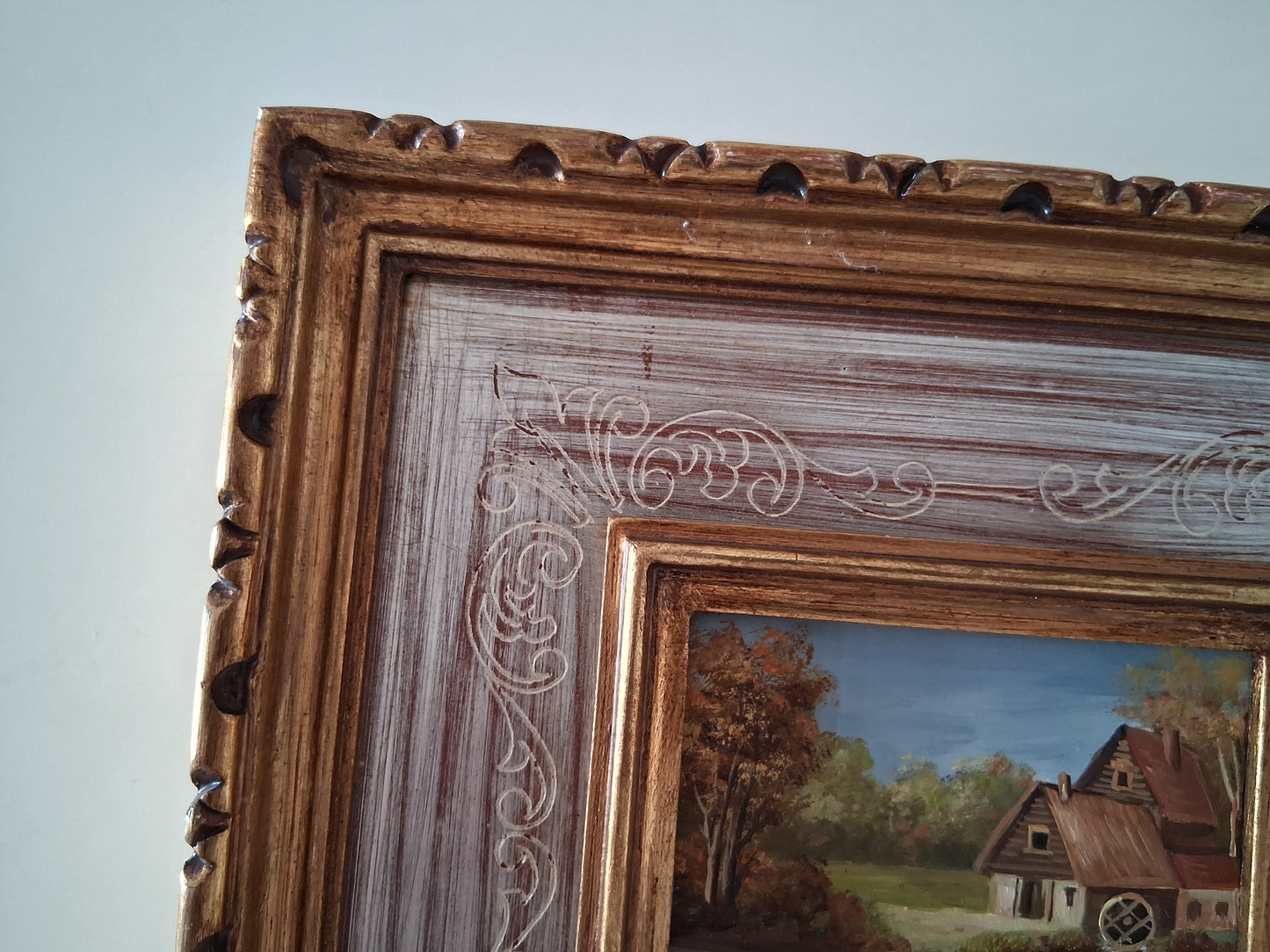 ORIGINAL Ölgemälde auf Karton inkl. Rahmen | Bauernhaus / Landschaft | 22x20 cm | Signiert