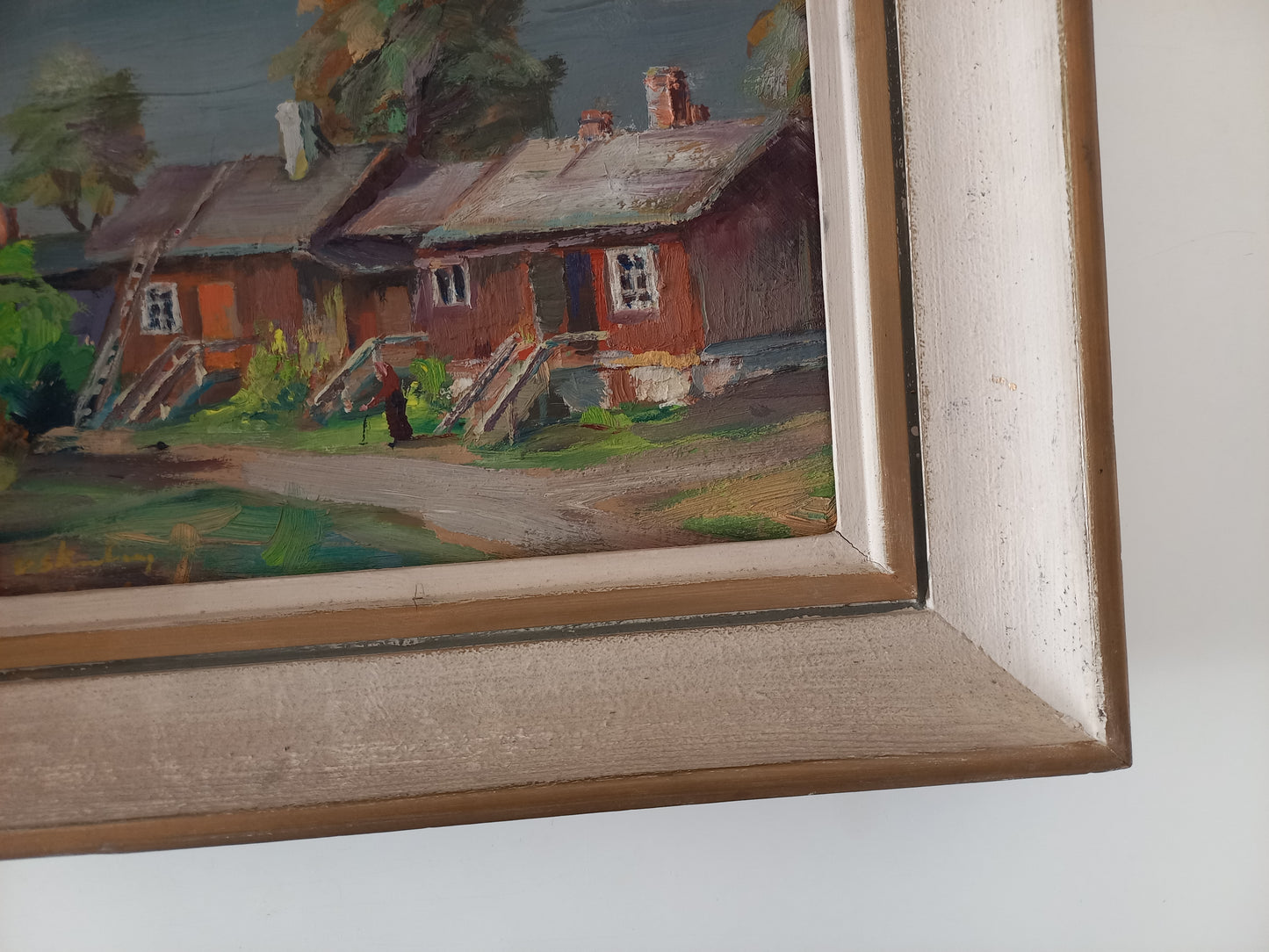 ORIGINAL Ölgemälde auf Karton inkl. Rahmen | Landschaft / Bauernhaus mit Figur | Signiert