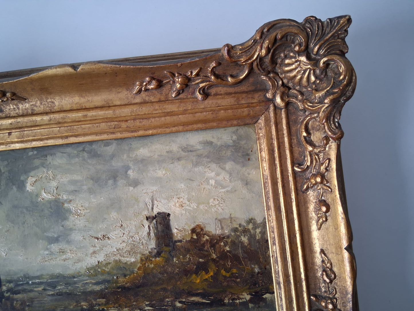 ORIGINAL Ölgemälde auf Holzplatte inkl. antikem Rahmen | Fluss / Landschaft / Windmühle | Signiert