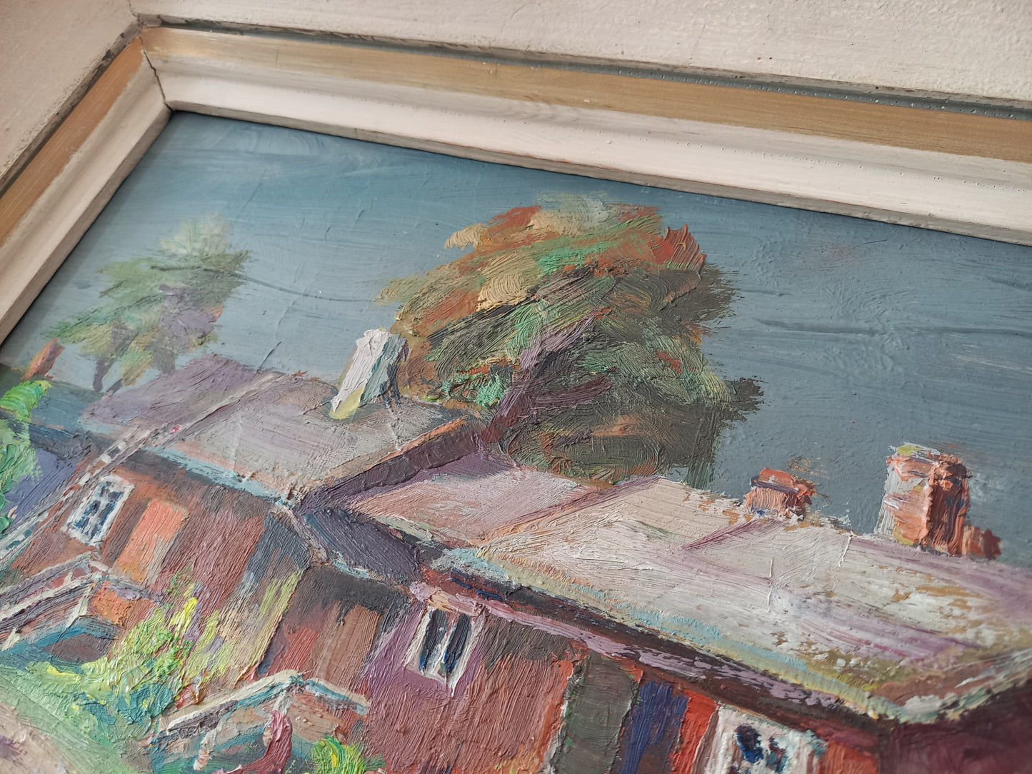 ORIGINAL Ölgemälde auf Karton inkl. Rahmen | Landschaft / Bauernhaus mit Figur | Signiert