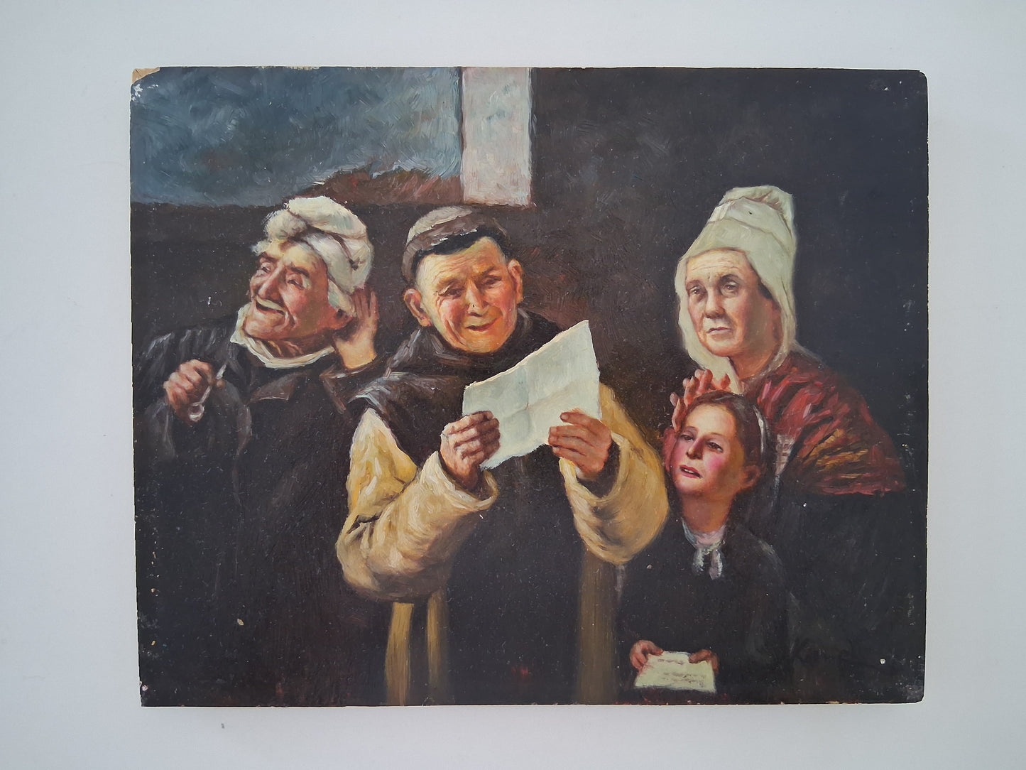 ORIGINAL Ölgemälde auf Holzplatte | Lesender Mönch / Menschen / Portrait | 25x20 cm | Signiert