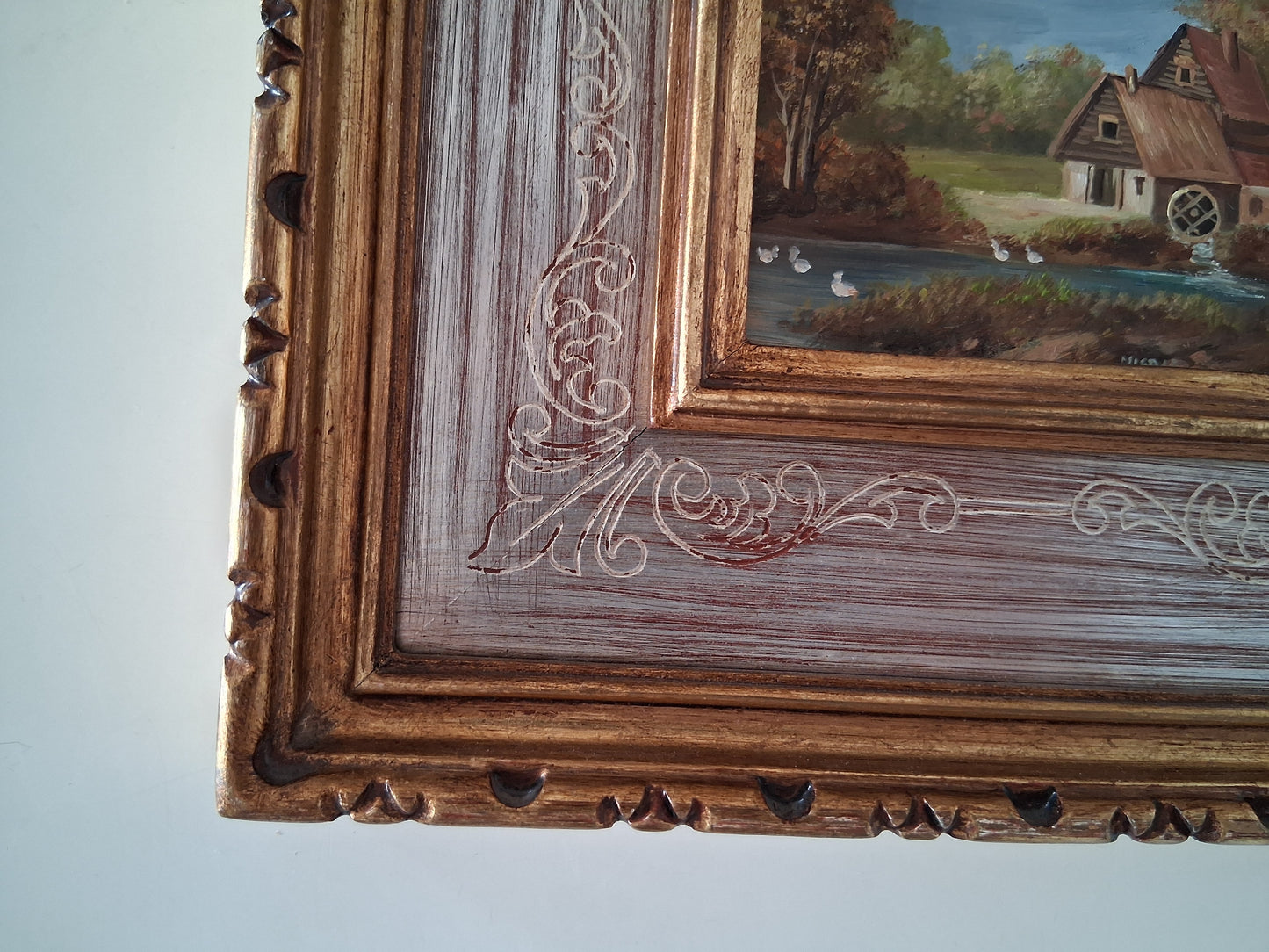 ORIGINAL Ölgemälde auf Karton inkl. Rahmen | Bauernhaus / Landschaft | 22x20 cm | Signiert