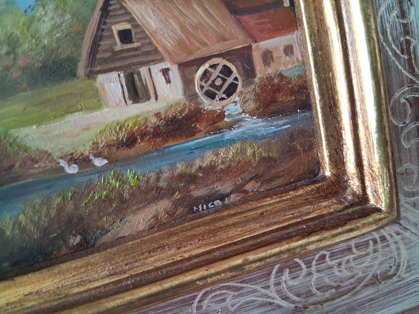 ORIGINAL Ölgemälde auf Karton inkl. Rahmen | Bauernhaus / Landschaft | 22x20 cm | Signiert