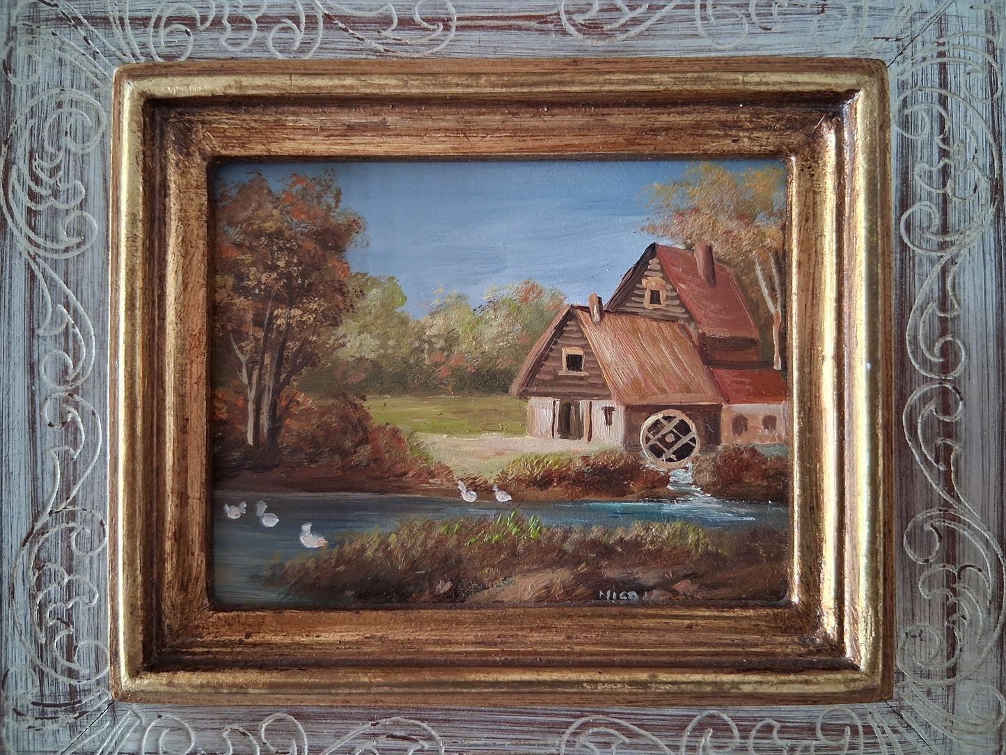 ORIGINAL Ölgemälde auf Karton inkl. Rahmen | Bauernhaus / Landschaft | 22x20 cm | Signiert