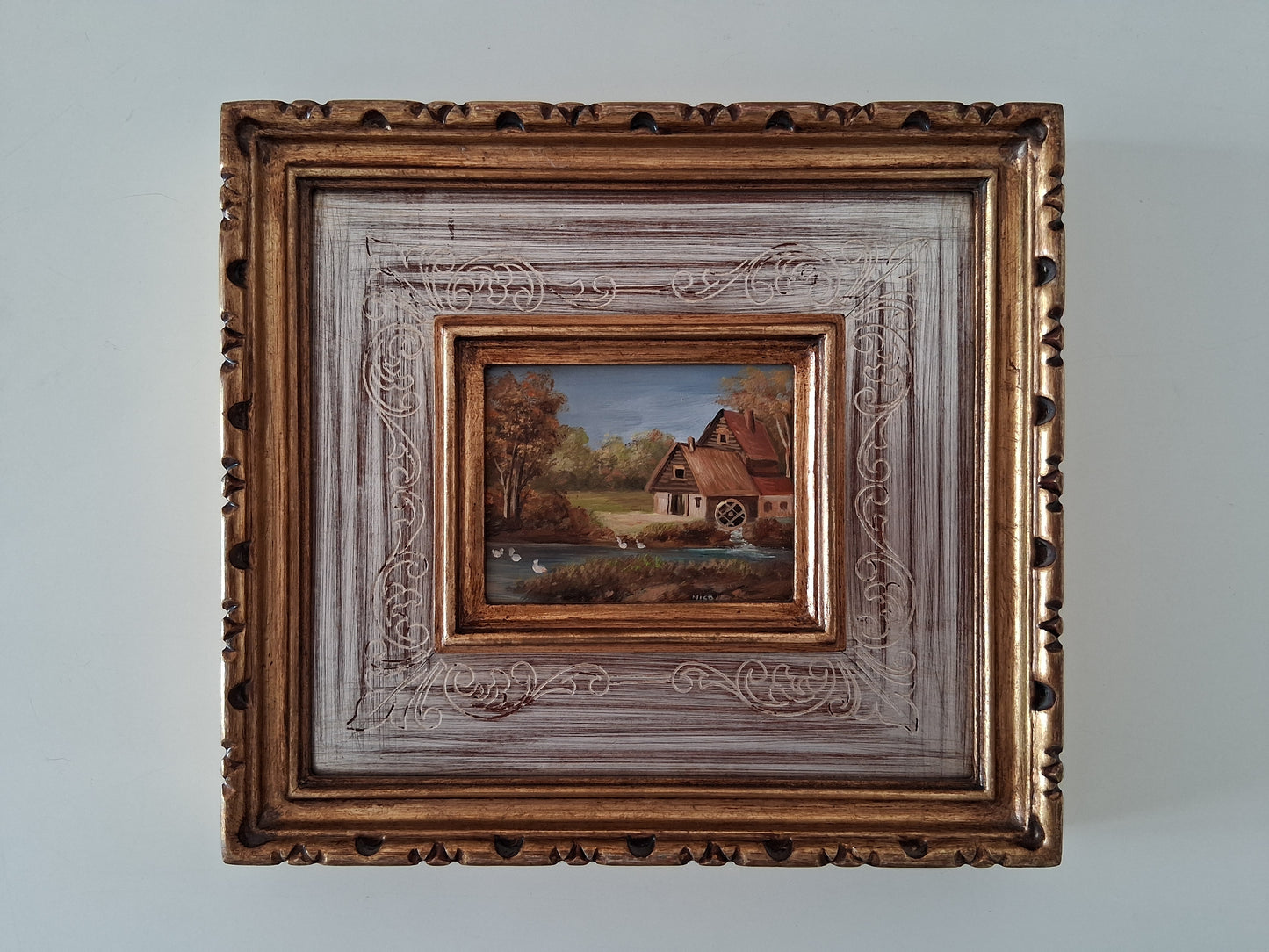 ORIGINAL Ölgemälde auf Karton inkl. Rahmen | Bauernhaus / Landschaft | 22x20 cm | Signiert