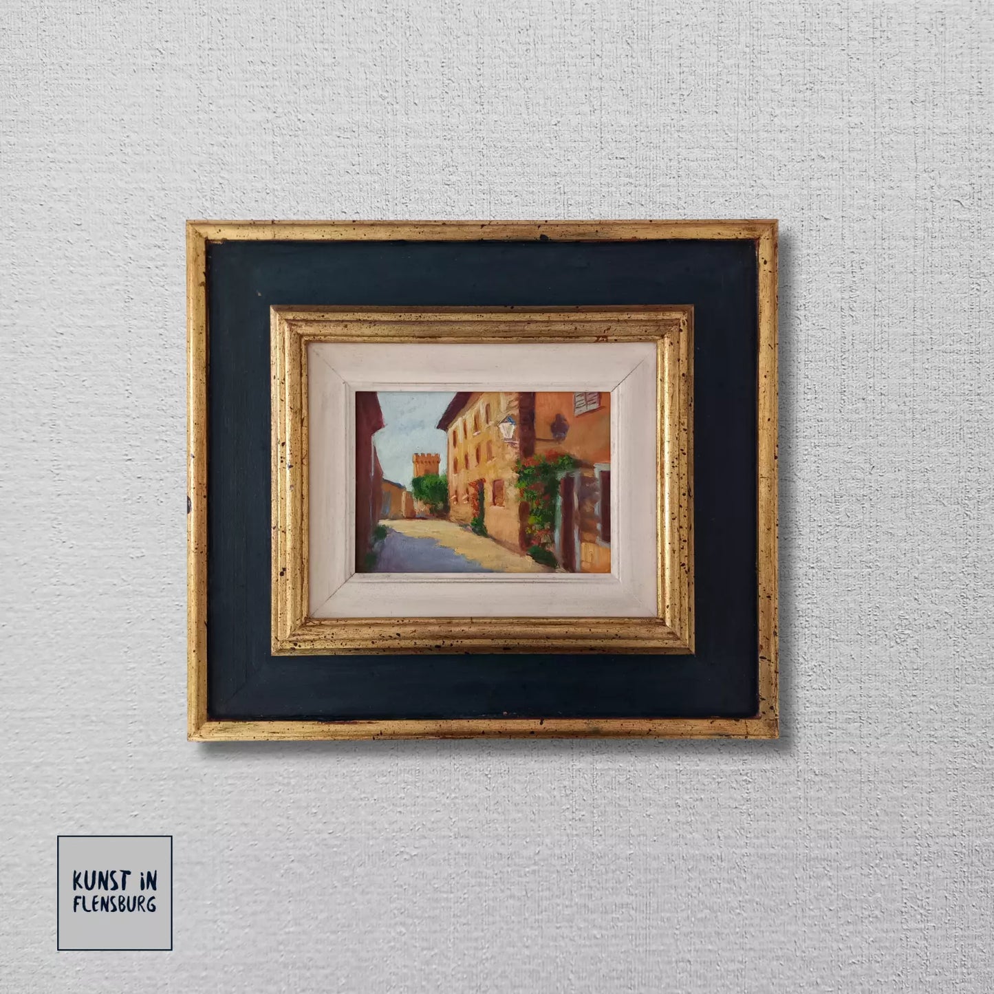 ORIGINAL Ölgemälde auf Karton inkl. Rahmen | Stadtansicht mit Burgturm | 39x35 cm