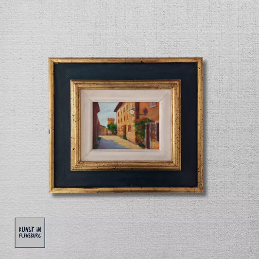 ORIGINAL Ölgemälde auf Karton inkl. Rahmen | Stadtansicht mit Burgturm | 39x35 cm