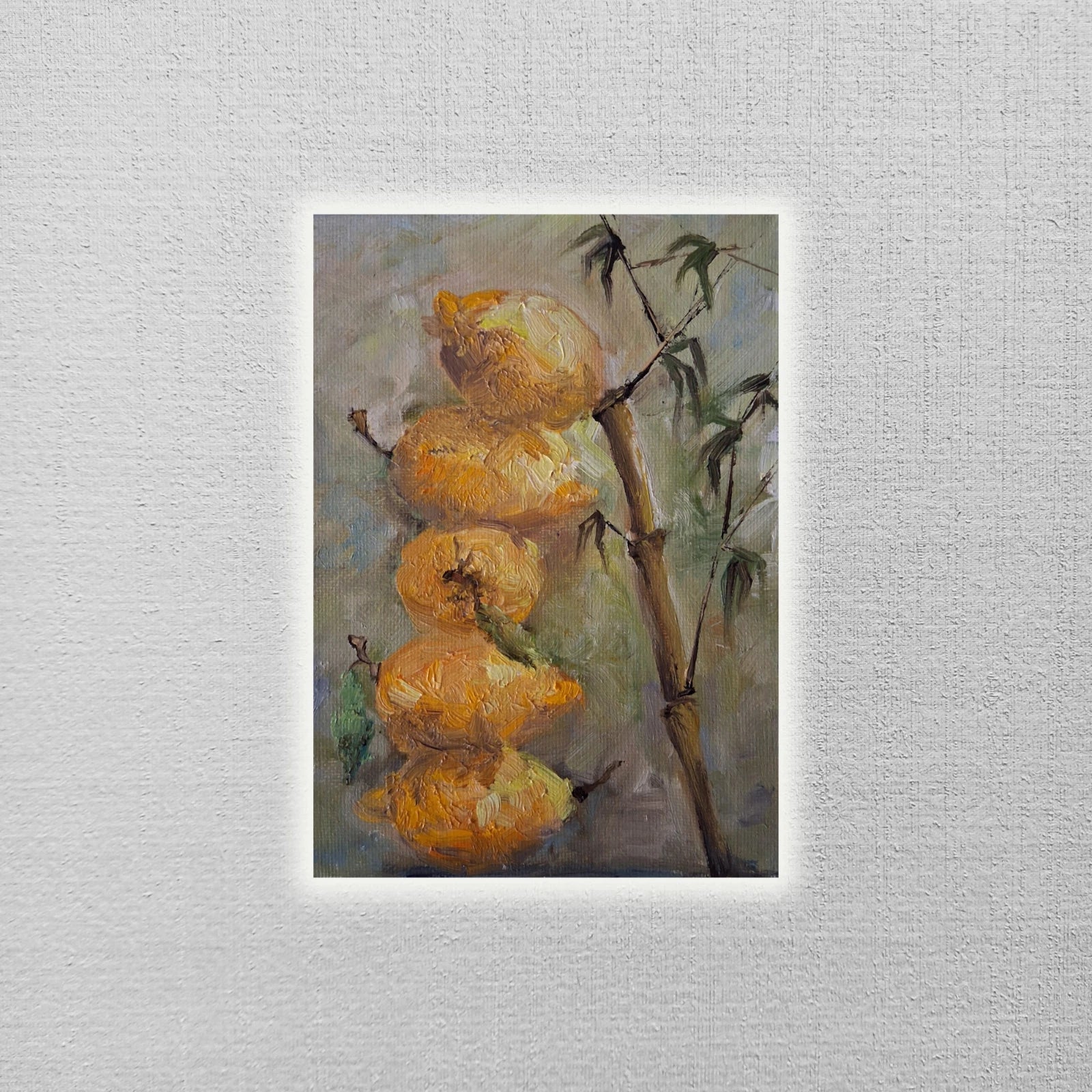 ORIGINAL Ölgemälde auf Karton | Zitronen und Bambus / Pflanzen | 13x18 cm | Signiert