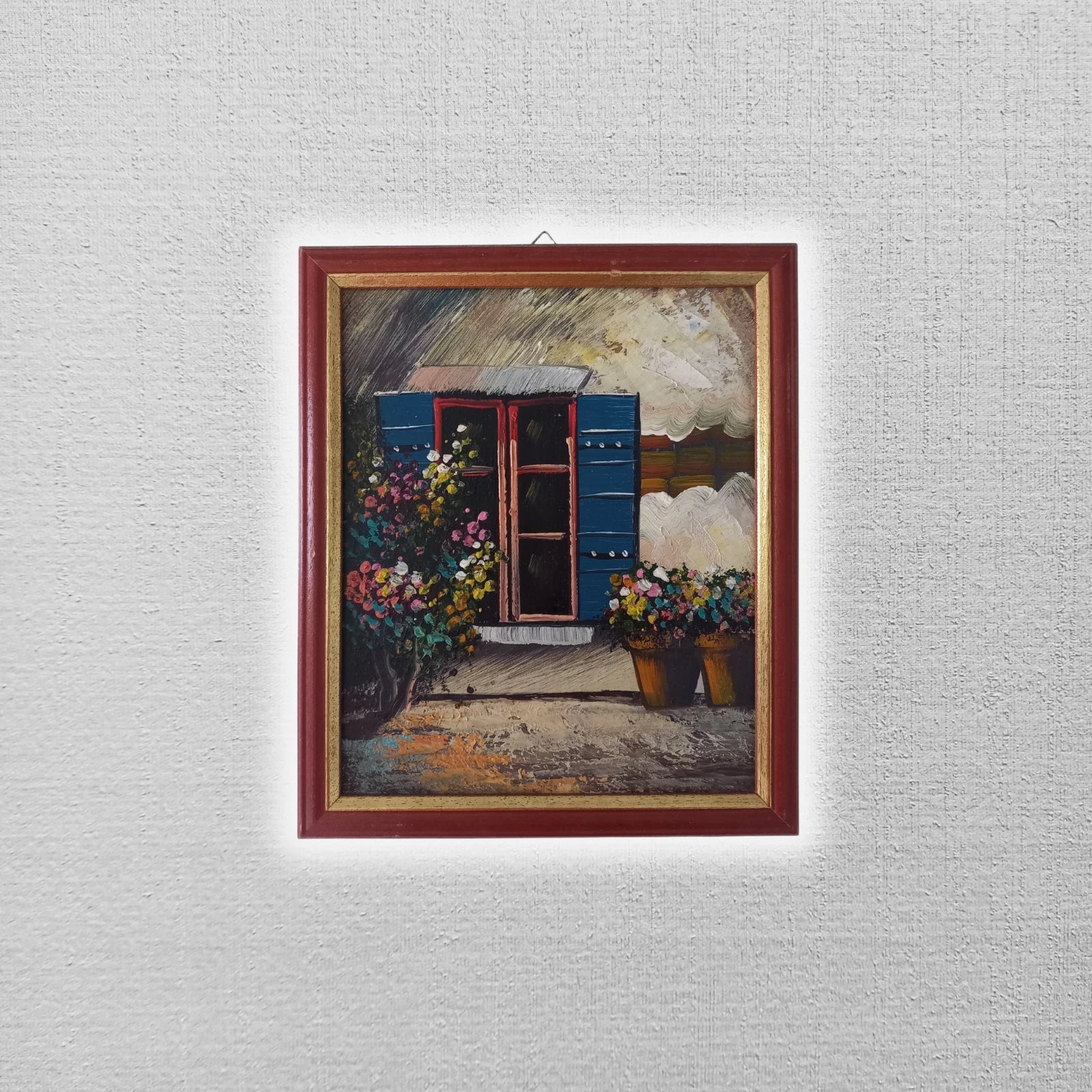 ORIGINAL Ölgemälde auf Karton inkl. Rahmen | Blumen vor dem Fenster | 23x27 cm | Vintage