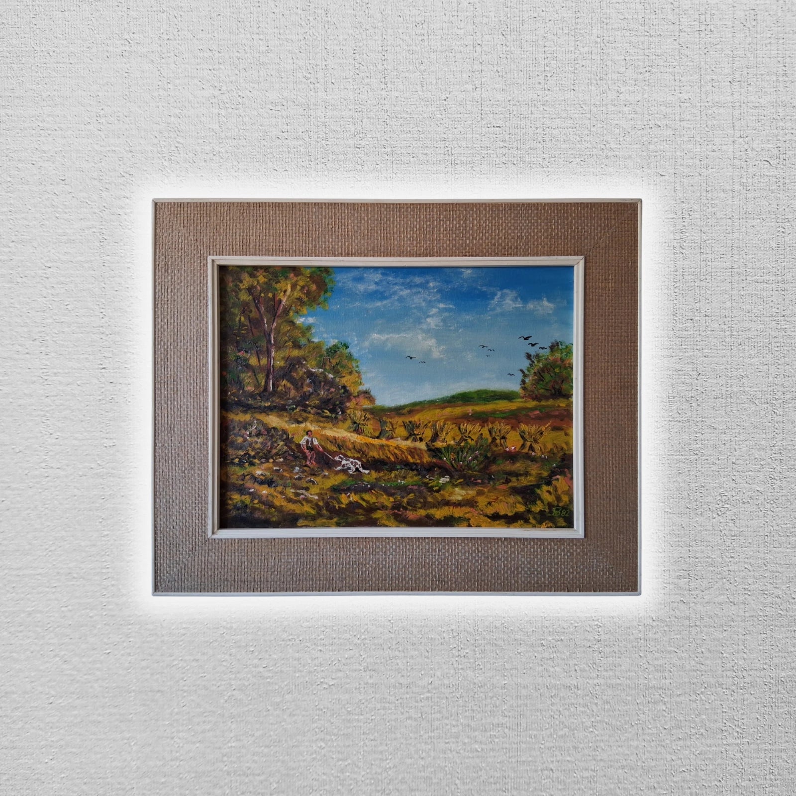 ORIGINAL Ölgemälde auf Leinwand inkl. Rahmen | Landschaft / Natur / Mann mit Hund | Signiert