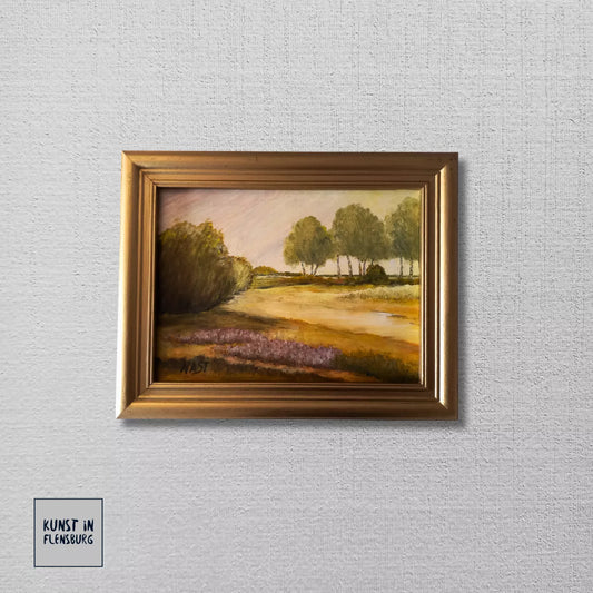 ORIGINAL Ölgemälde auf Karton inkl. Rahmen | Heidelandschaft | 28x22 cm | Signiert: NAST