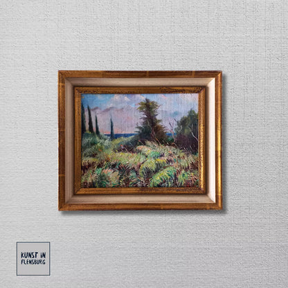 ORIGINAL Ölgemälde auf Karton inkl. Rahmen | Farnlandschaft / Natur | 33x28 cm | Signiert