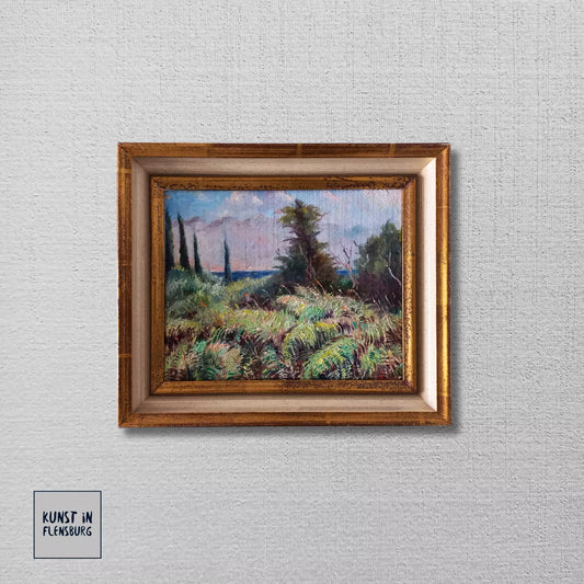 ORIGINAL Ölgemälde auf Karton inkl. Rahmen | Farnlandschaft / Natur | 33x28 cm | Signiert