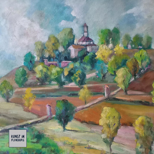 CARLES COMPTE (*1944) | Landschaft / Hügel / Kapelle | ORIGINAL Ölgemälde auf Holzplatte