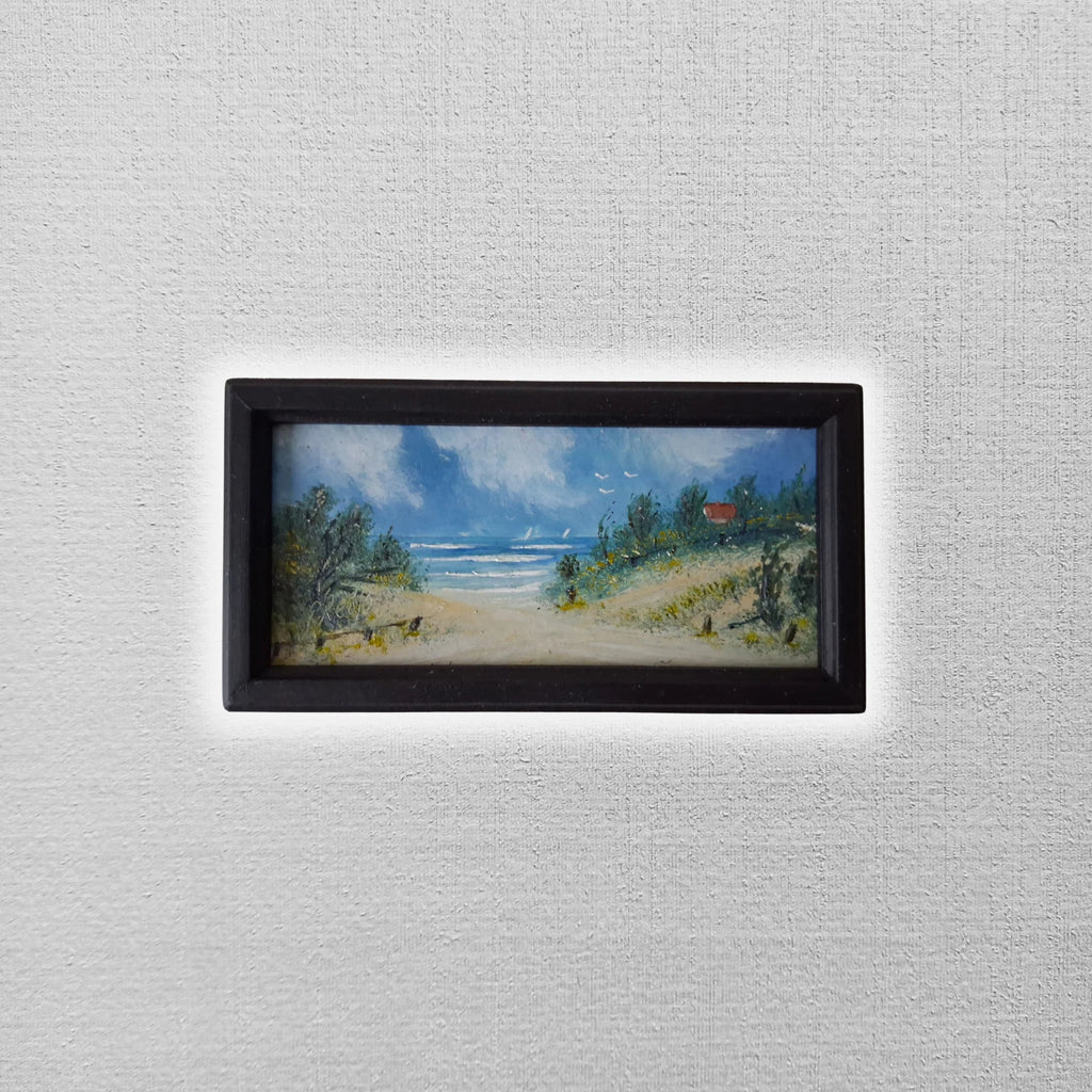 KLEINES ORIGINAL Ölgemälde auf Karton inkl. Rahmen | Strand / Küste / Meer | 13x6 cm | Signiert