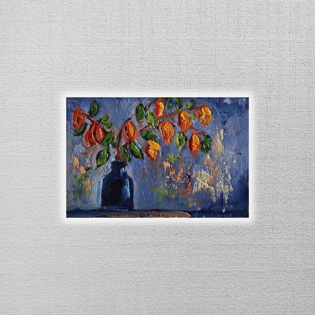 ORIGINAL Ölgemälde auf Leinwand | Stillleben / Physalis / Blumenvase | 15x10 cm | Signiert