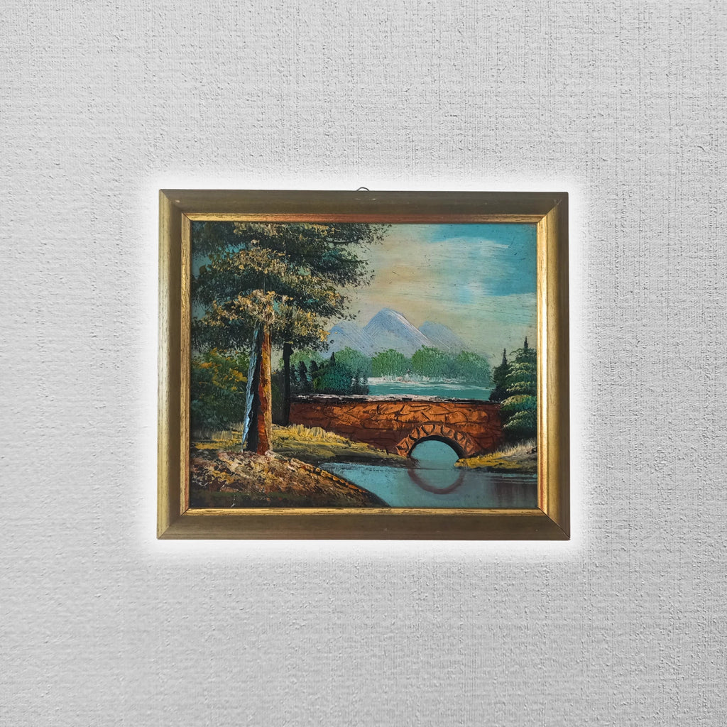 ORIGINAL Ölgemälde auf Karton inkl. Rahmen | Landschaft / Natur / Fluss | 27x23 cm | Vintage