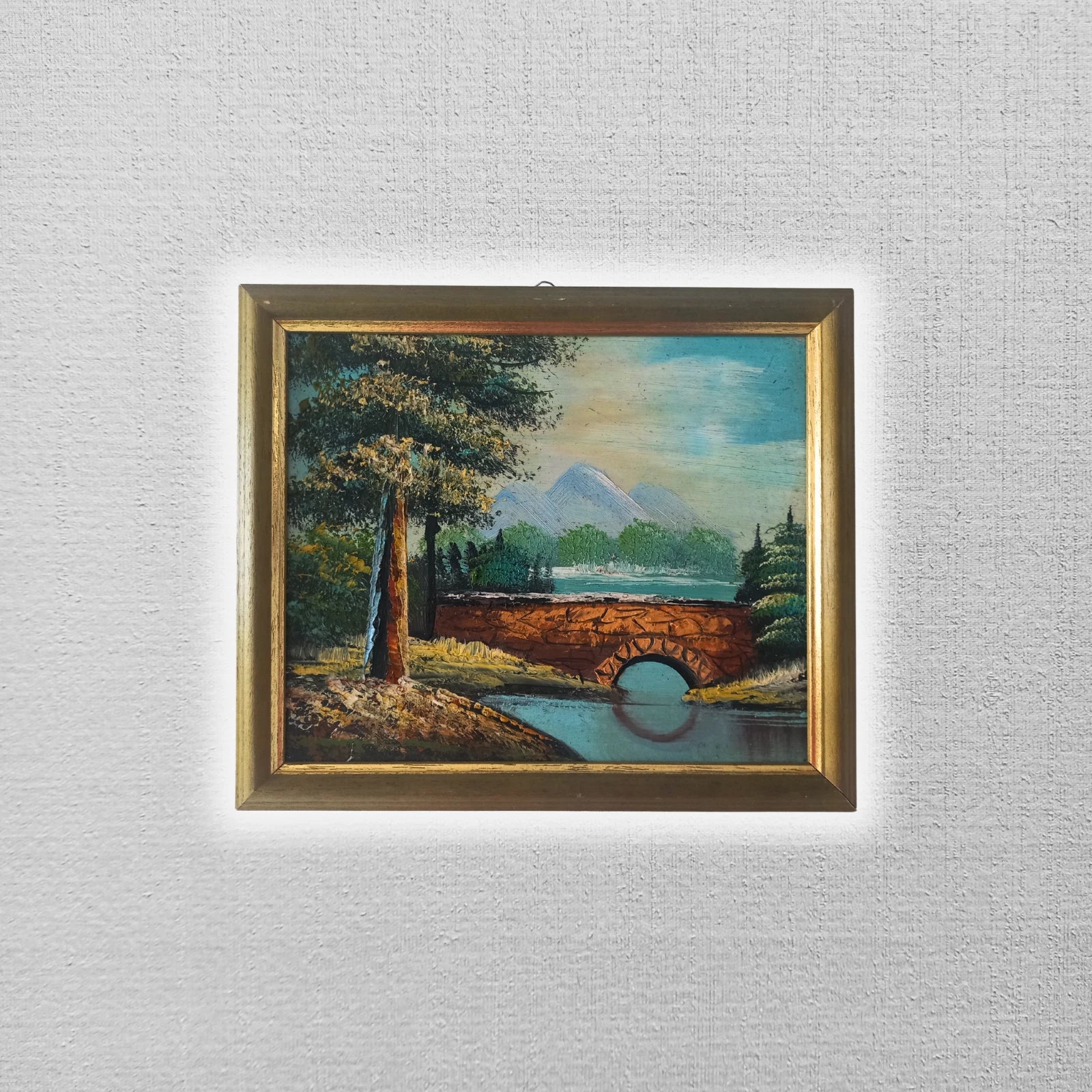 ORIGINAL Ölgemälde auf Karton inkl. Rahmen | Landschaft / Natur / Fluss | 27x23 cm | Vintage