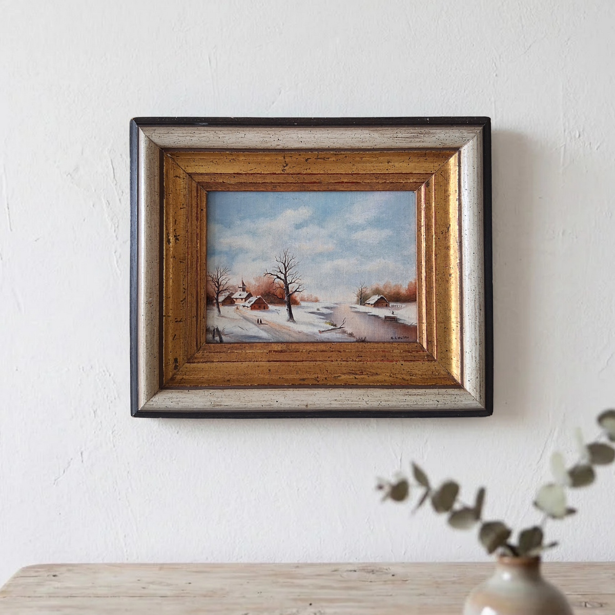 Altes Ölgemälde handgemalt mit Holzrahmen | Verschneite Winterlandschaft | ORIGINAL & Signiert