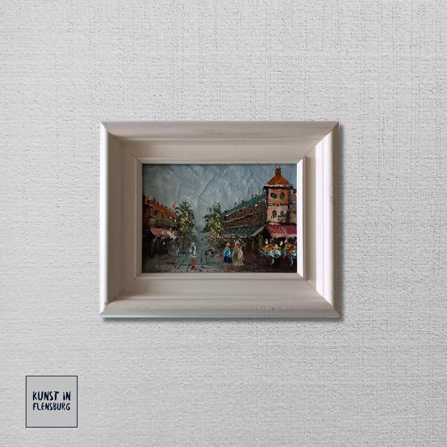 ORIGINAL Ölgemälde auf Leinwand inkl. Rahmen | Stadtszene / Stadtbild mit Figuren | 26x21 cm