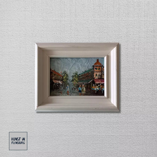 ORIGINAL Ölgemälde auf Leinwand inkl. Rahmen | Stadtszene / Stadtbild mit Figuren | 26x21 cm