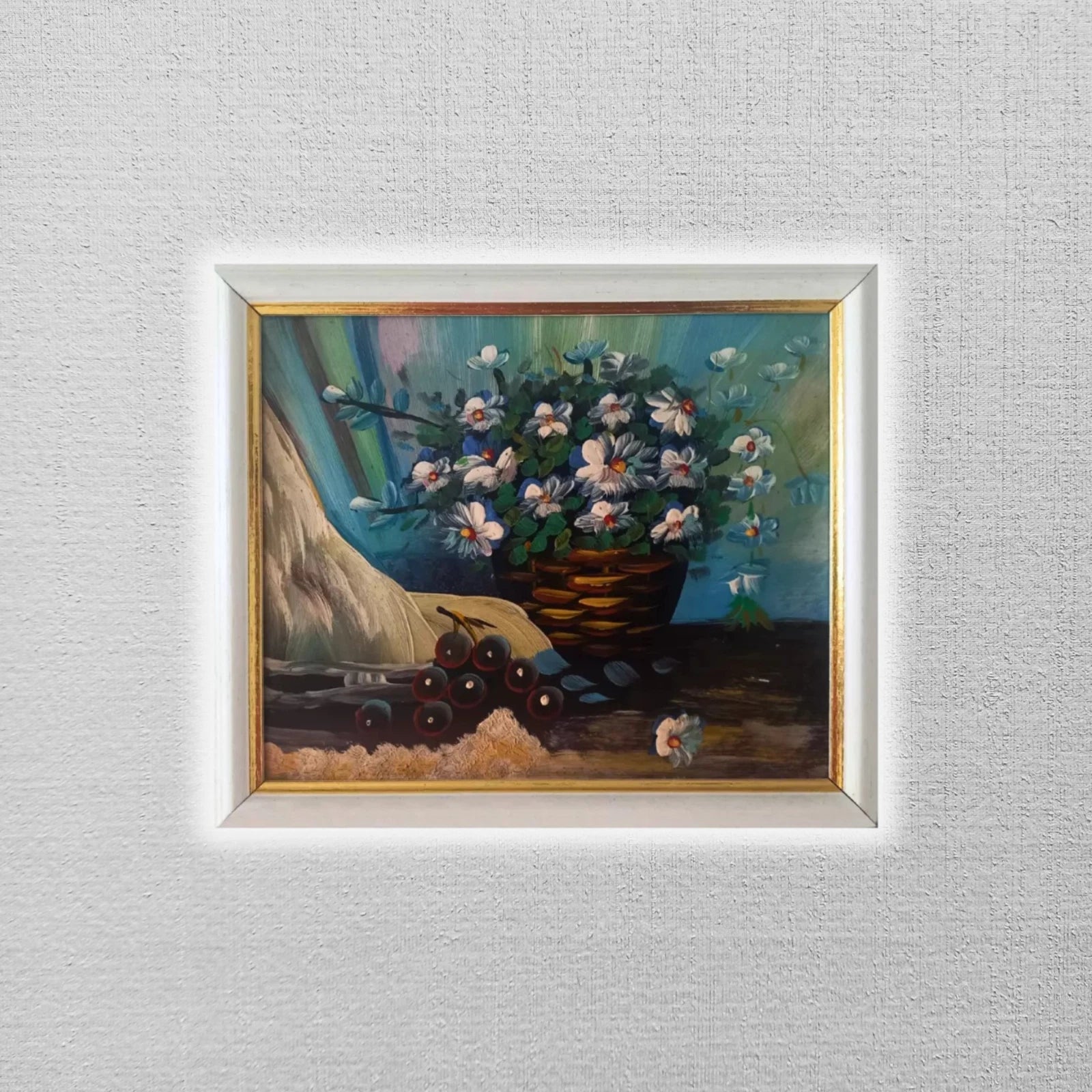 ORIGINAL Ölgemälde auf Karton inkl. Rahmen | Stillleben / Blumen / Obst | 27x23 cm | Vintage