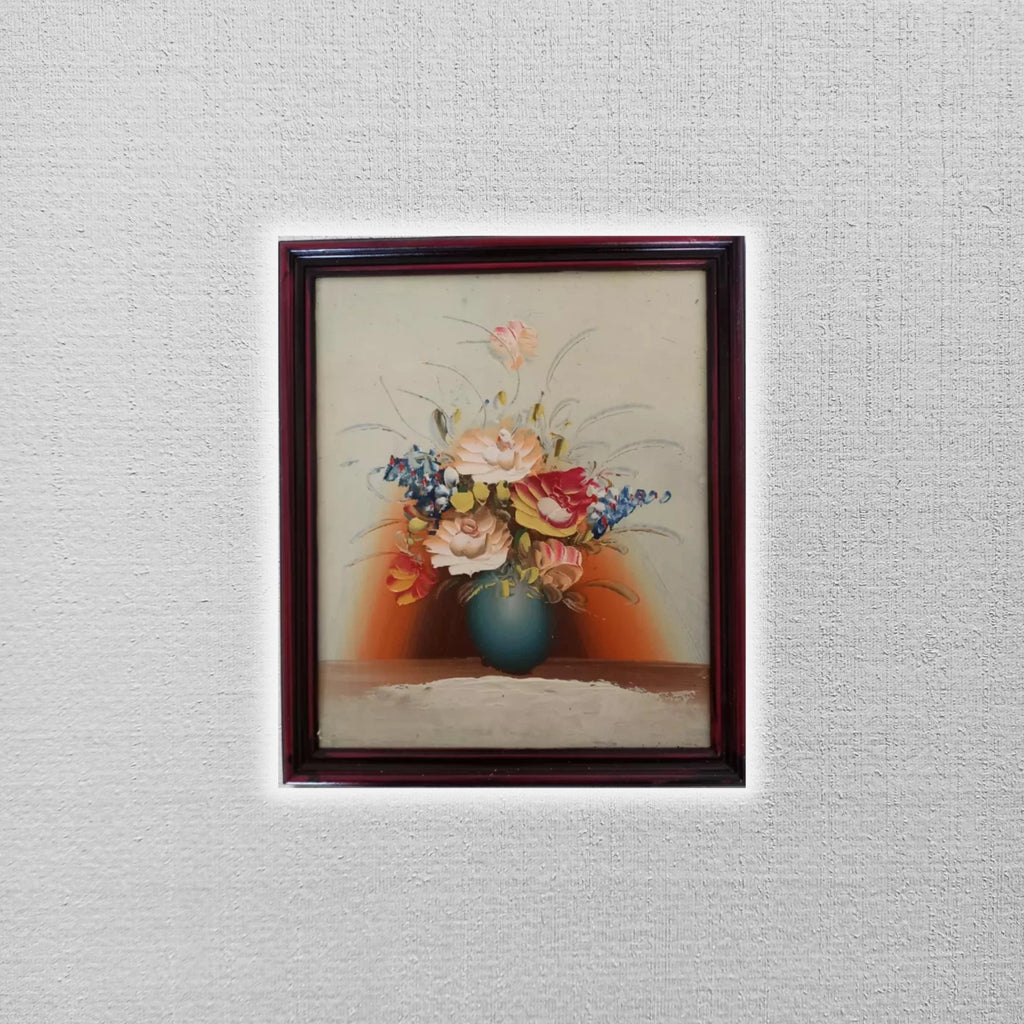 ORIGINAL Ölgemälde auf Karton inkl. Rahmen | Stillleben / Blumenvase | 22x26 cm | Vintage