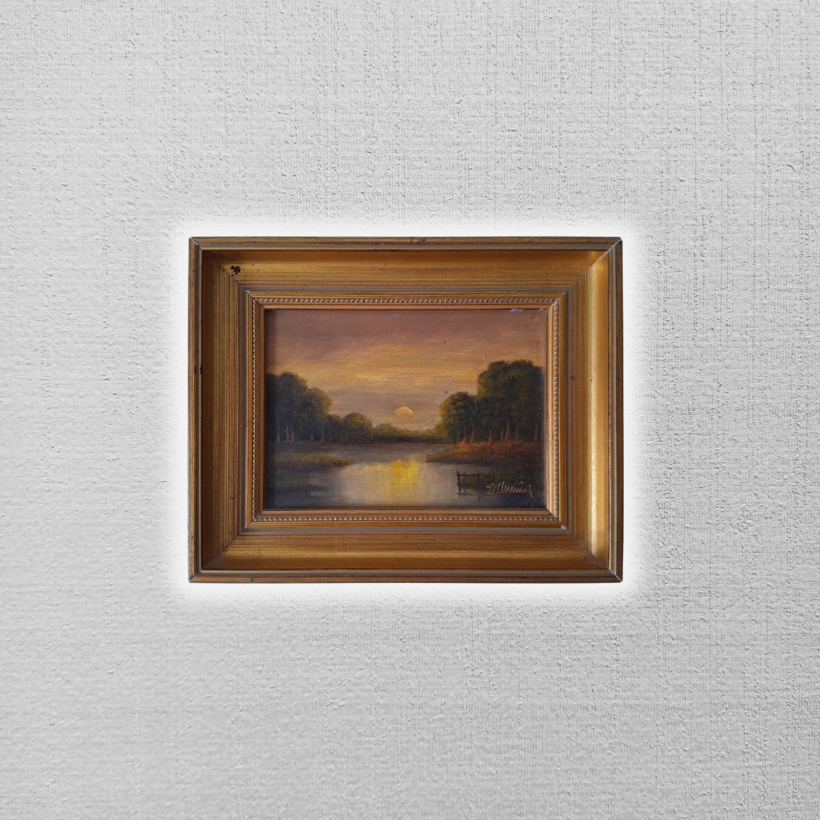 ORIGINAL Ölgemälde auf Holzplatte inkl. Rahmen | Romantische Seenlandschaft | 24x19 cm | Signiert
