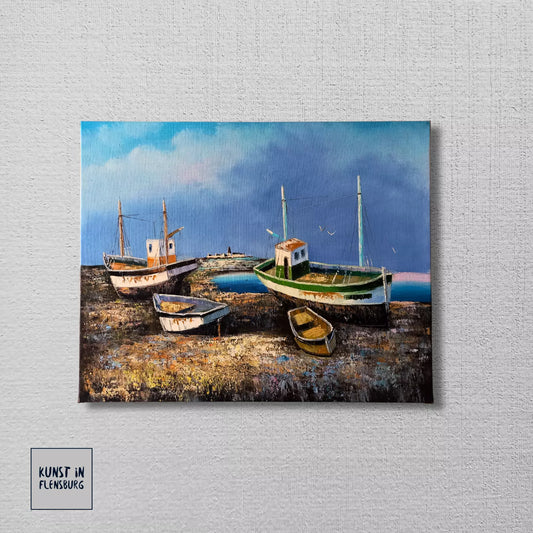 ORIGINAL Ölgemälde auf Leinwand | Fischerboote in der Bretagne / Frankreich | Signiert: TOUAR