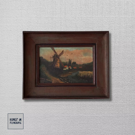 ORIGINAL Ölgemälde auf Leinwand inkl. Rahmen | Landschaft / Windmühle | 44x34 cm | Signiert