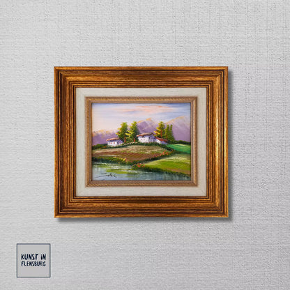 ORIGINAL Ölgemälde auf Leinwand inkl. Rahmen | Flusslandschaft / Berge | 38x33 cm | Signiert