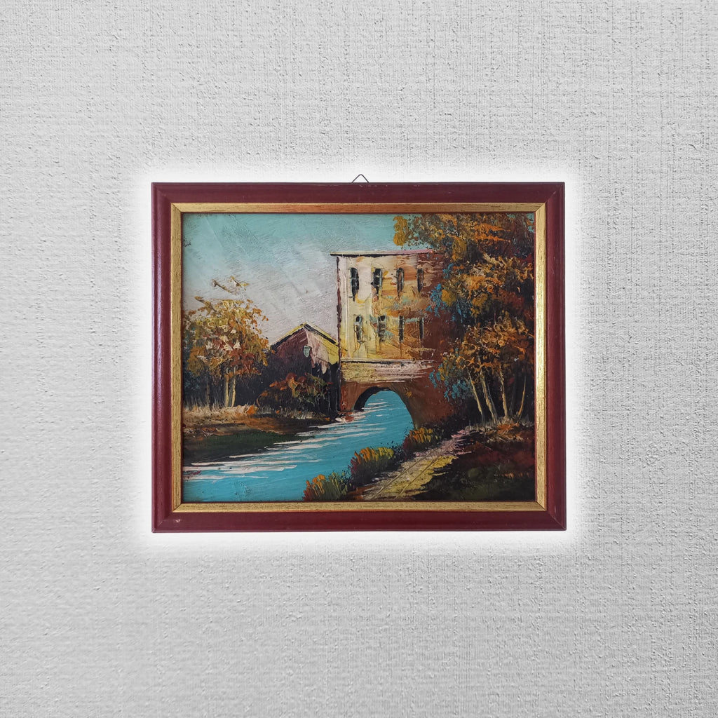 ORIGINAL Ölgemälde auf Karton inkl. Rahmen | Landschaft / Fluss / Natur | 27x23 cm | Vintage
