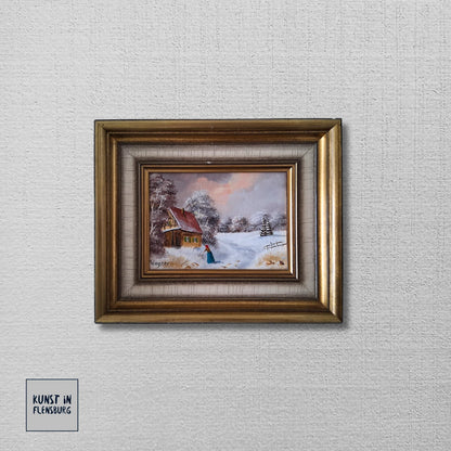 ORIGINAL Ölgemälde auf Karton inkl. Rahmen | Bauernhaus / Winterlandschaft mit Figur | Signiert