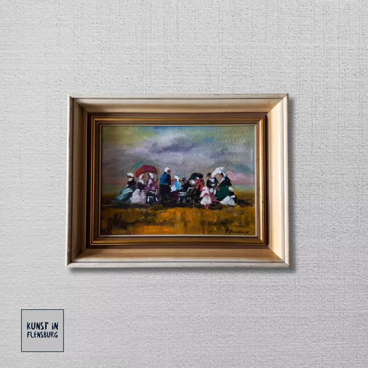ORIGINAL Ölgemälde auf Karton inkl. Rahmen | Picknick am Strand / Abstrakt / Figuren | Signiert