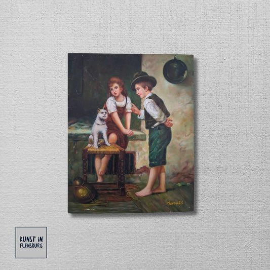 ORIGINAL Ölgemälde auf Holzplatte | Kinder mit Hund / Portrait | 20x25 cm | Signiert: JAMES