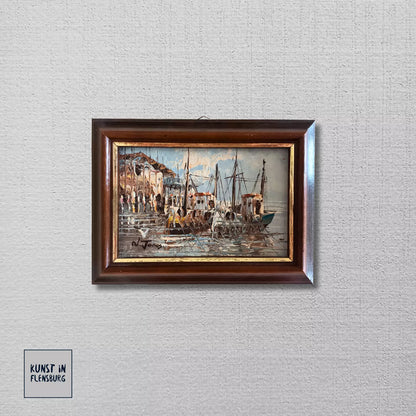 ORIGINAL Ölgemälde auf Karton | Fischerboote im Hafen | 19x14 cm | Signiert: N. JONES