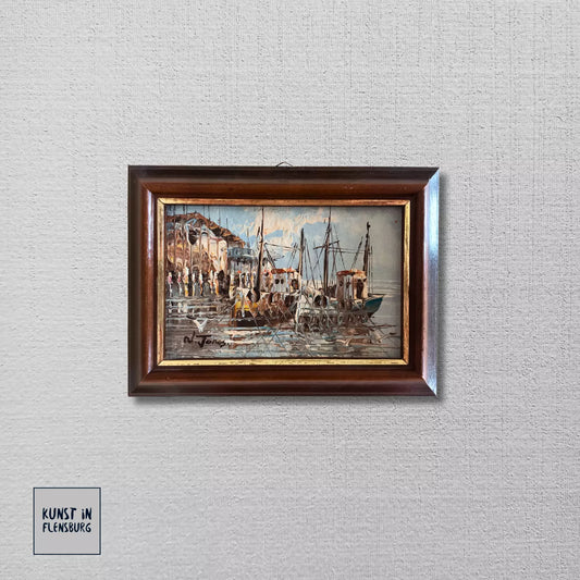 ORIGINAL Ölgemälde auf Karton | Fischerboote im Hafen | 19x14 cm | Signiert: N. JONES