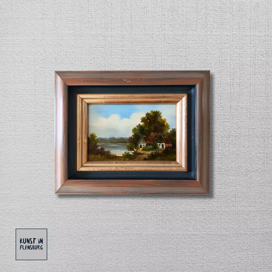 ORIGINAL Ölgemälde auf Holzplatte | Landschaft / Bauernhaus am See | Signiert: VON PAPEN