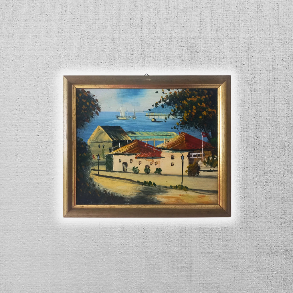 ORIGINAL Ölgemälde auf Karton inkl. Rahmen | Landschaft / Küste / Meer | 27x23 cm | Vintage