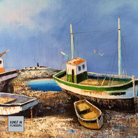 ORIGINAL Ölgemälde auf Leinwand | Fischerboote in der Bretagne / Frankreich | Signiert: TOUAR